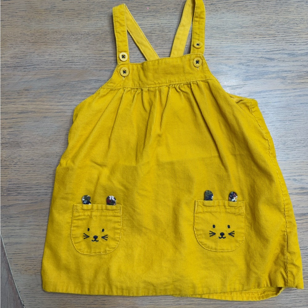 Yellow Corduroy Pinafore Dress with Cat Pockets